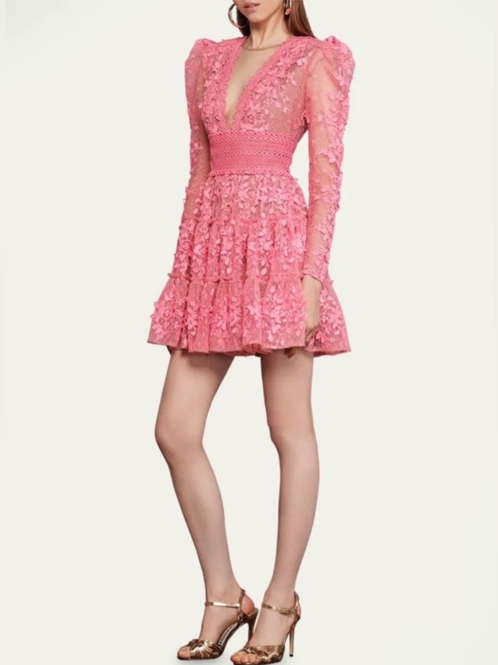 Bronx and Banco Megan Floral-Embroidered Lace Illusion Tiered Mini Dress